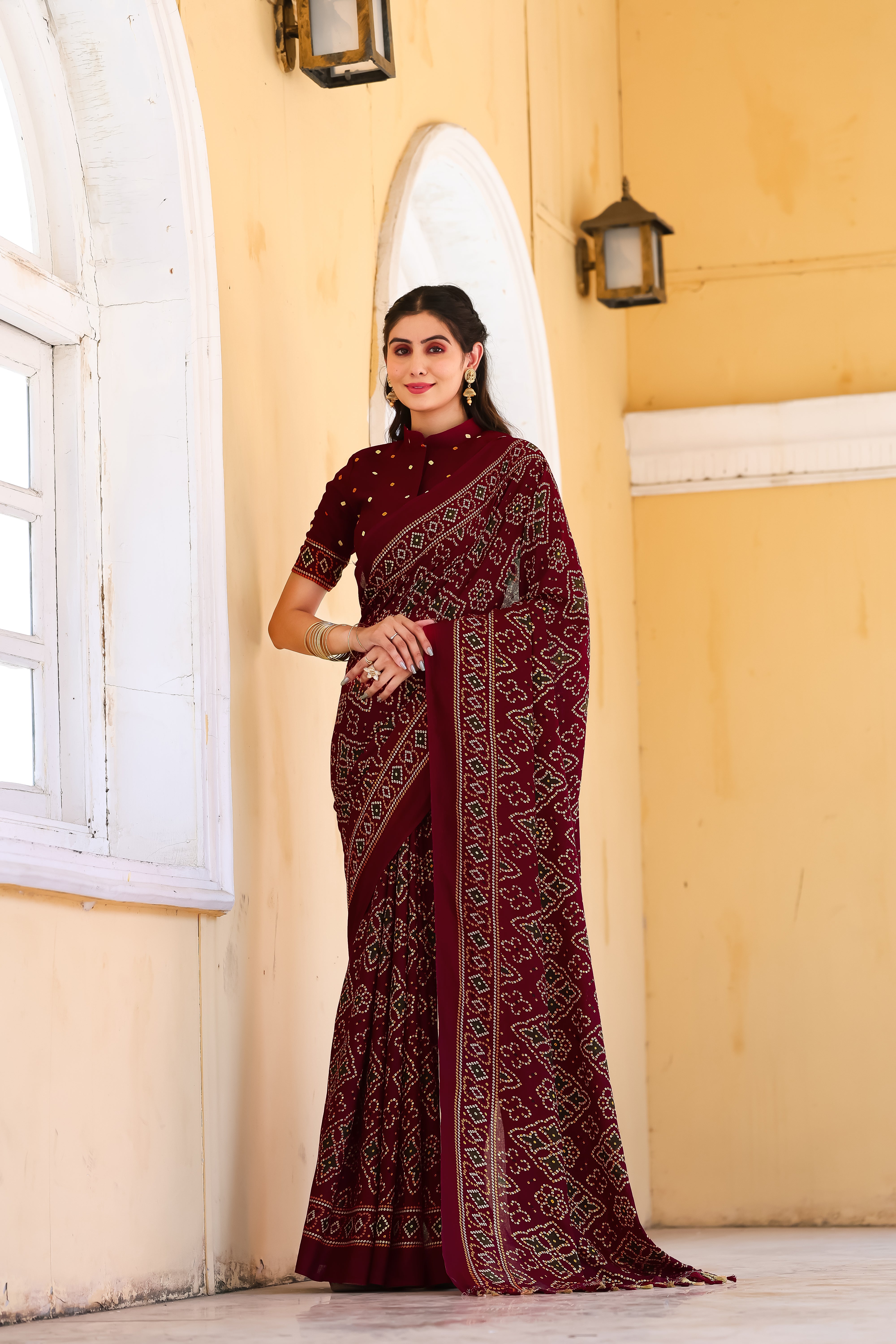 MAROON PRINTED BANDHANI SAREE