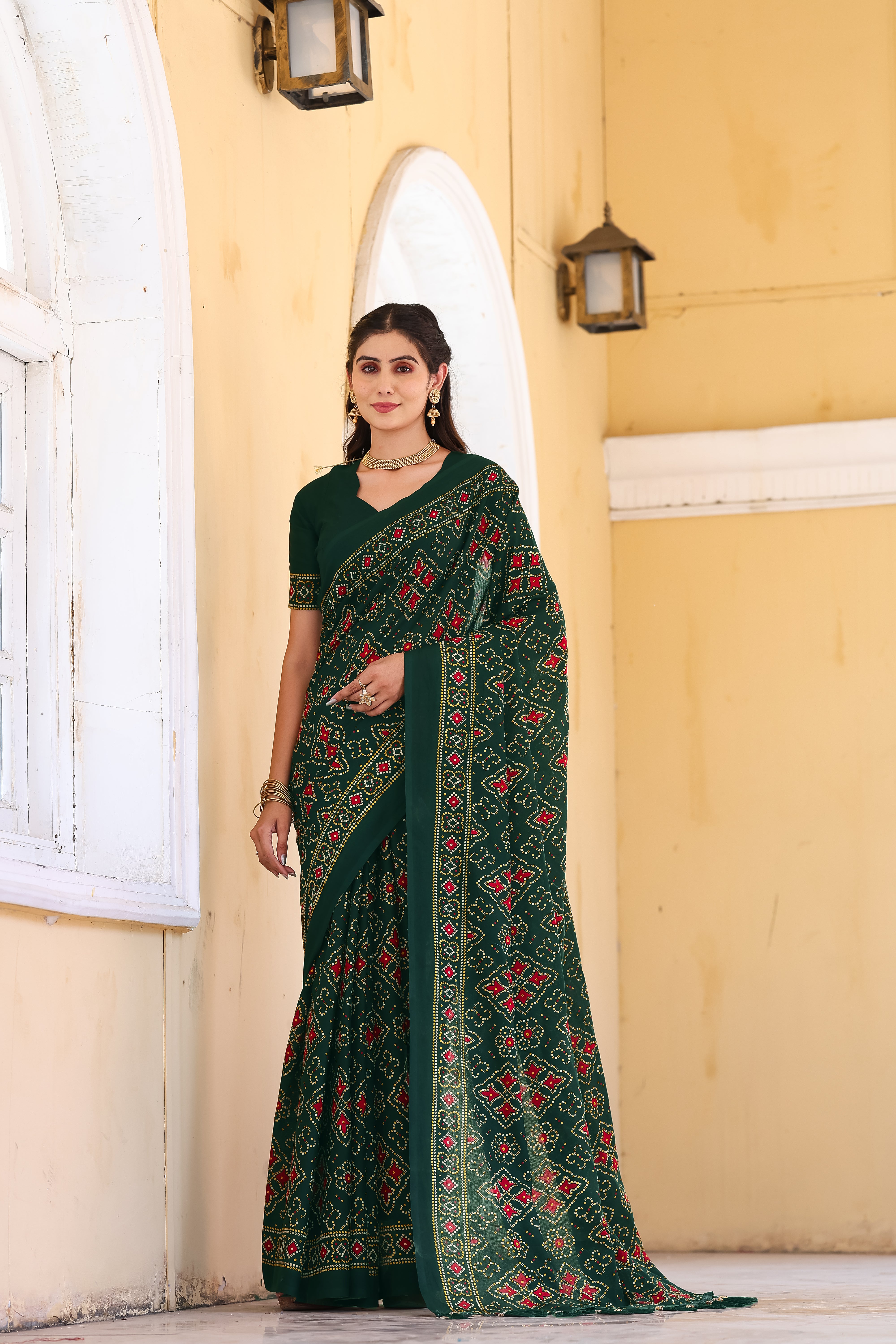 Green Printed Bandhani Saree