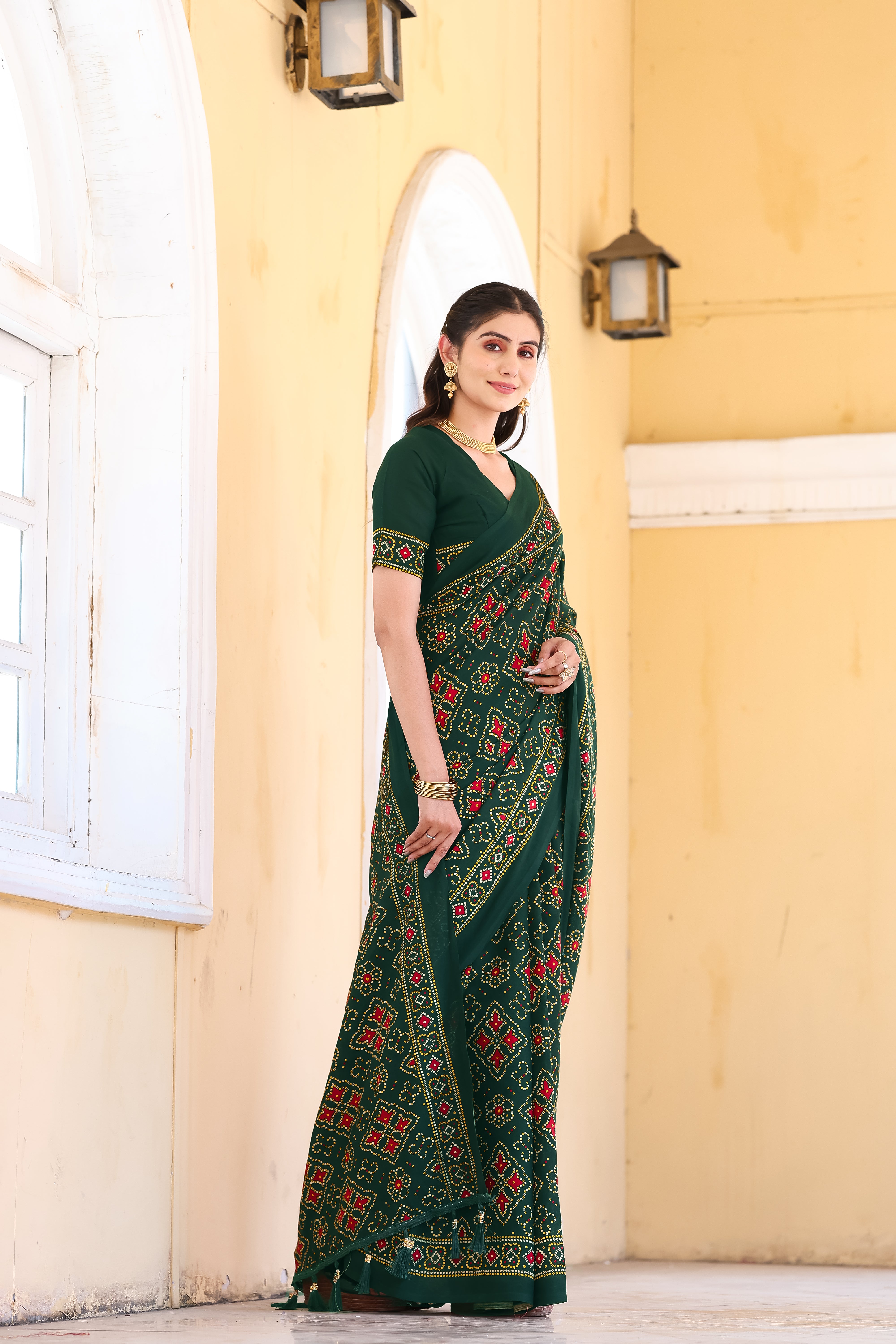 Green Printed Bandhani Saree