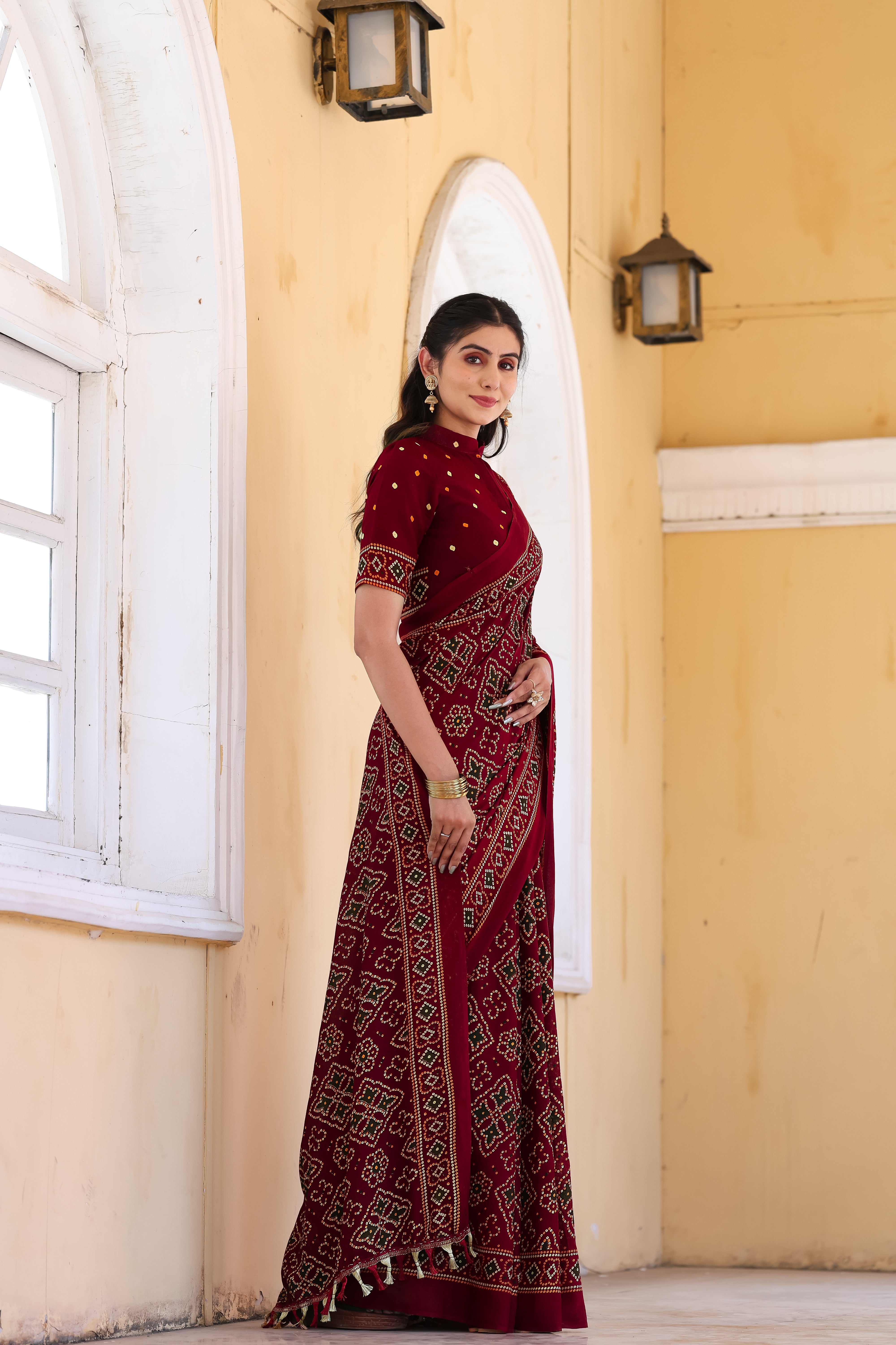 MAROON PRINTED BANDHANI SAREE