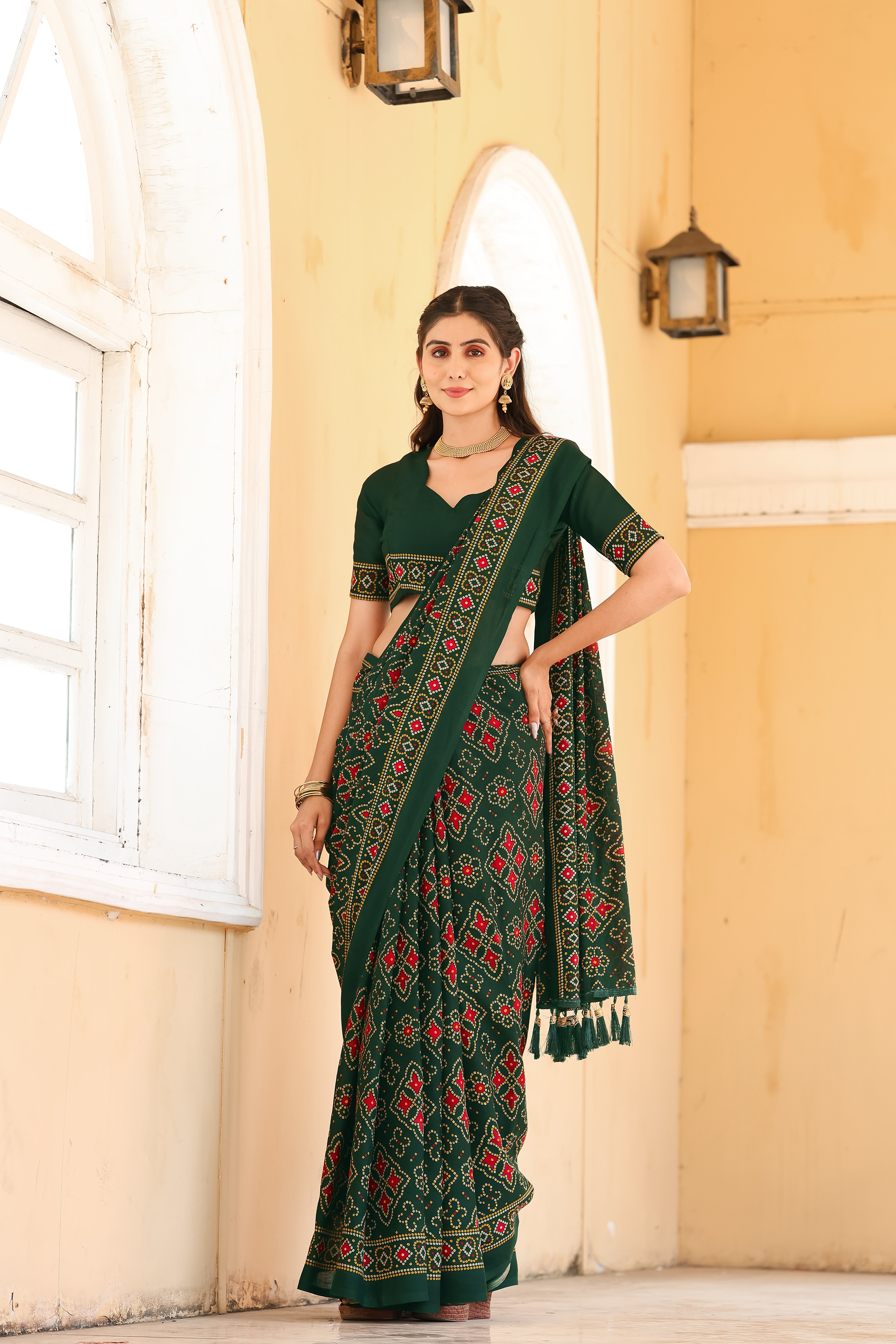 Green Printed Bandhani Saree