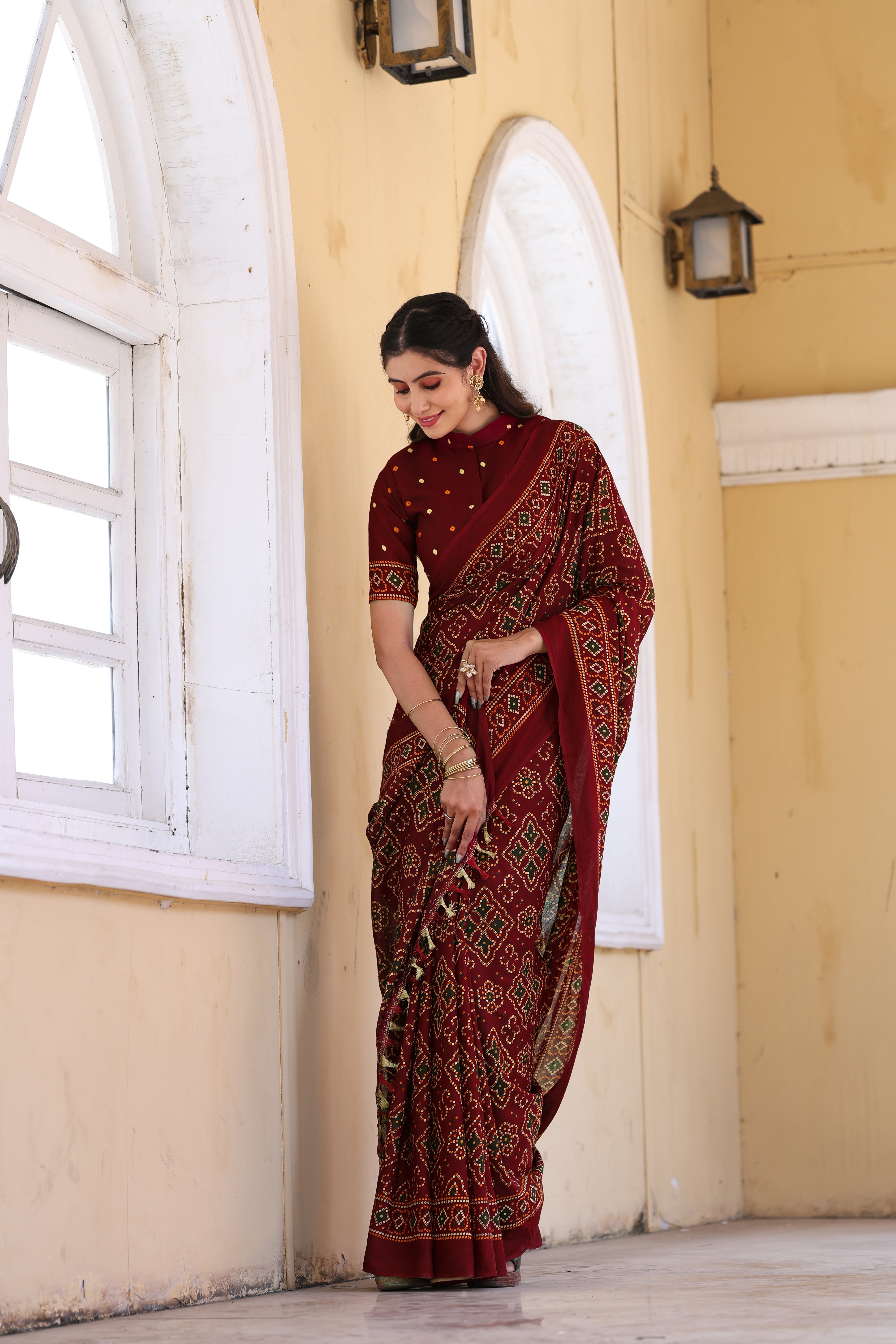 MAROON PRINTED BANDHANI SAREE