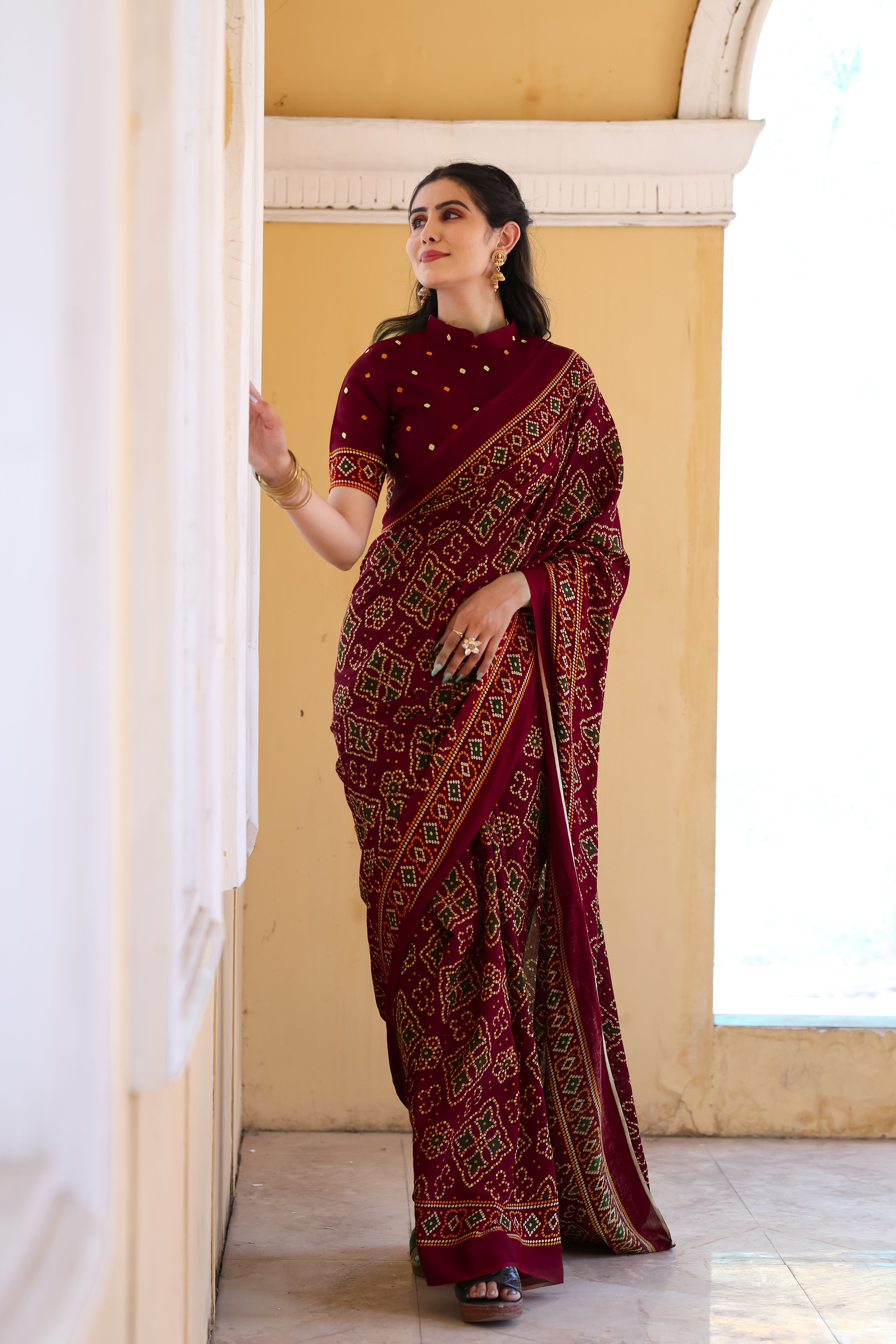 MAROON PRINTED BANDHANI SAREE