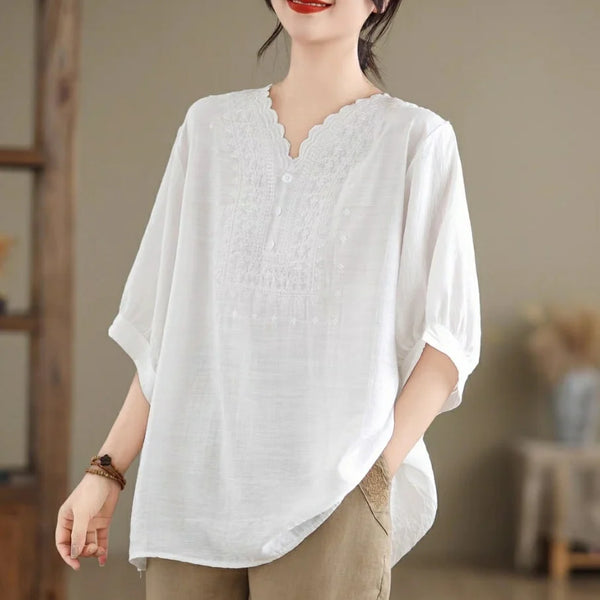 Brooke Loose V-Neck Embroidered Blouse-WHITE