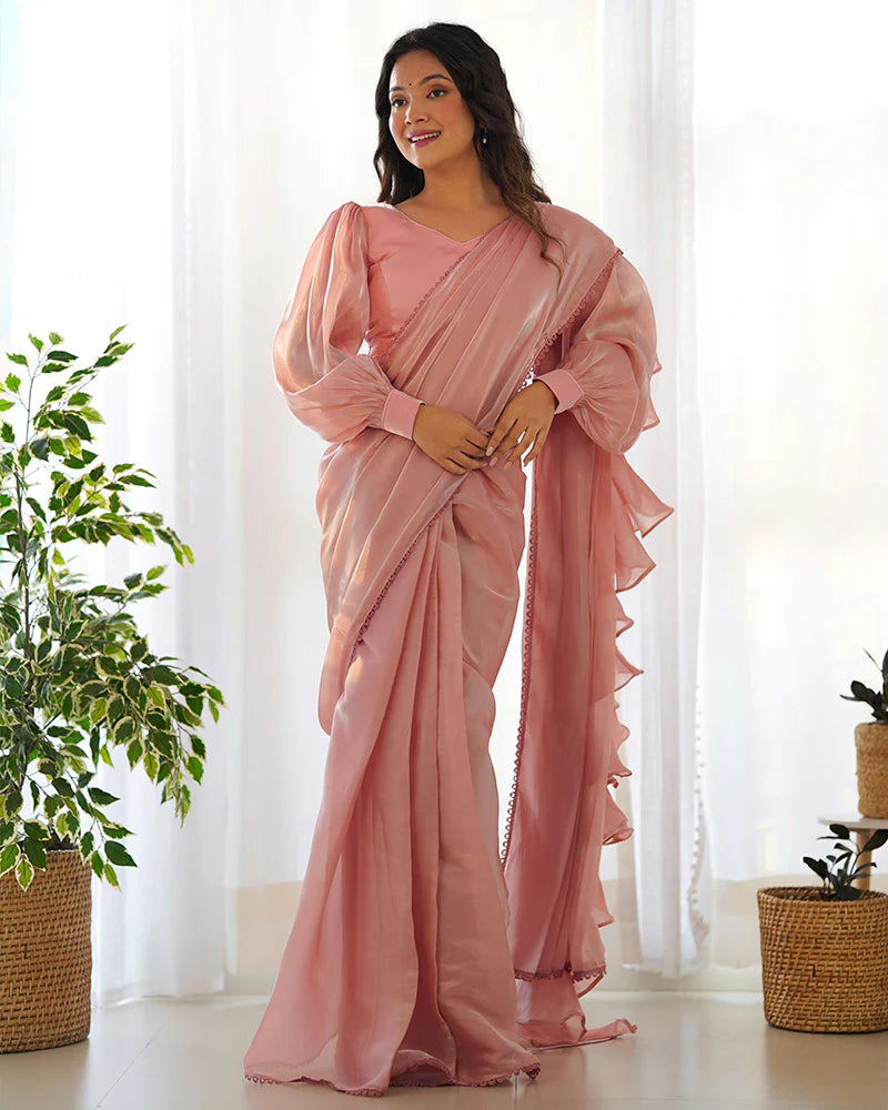 Peach Color Jimmy Choo Pre Drapped Saree