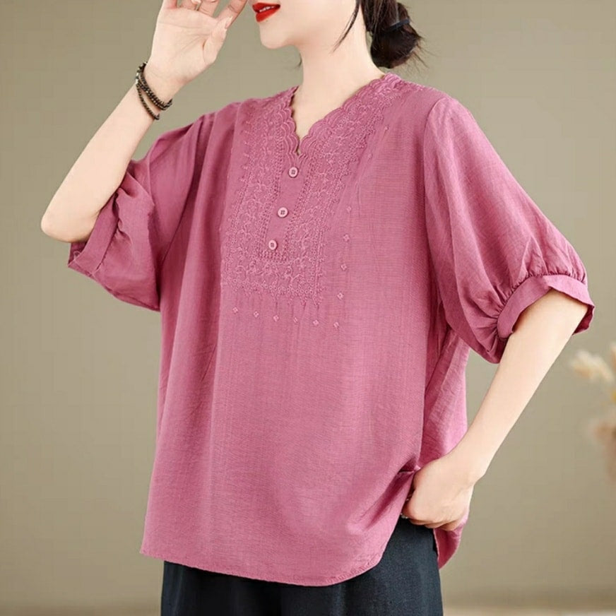 Brooke Loose V-Neck Embroidered Blouse-PINK