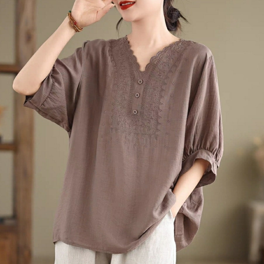 Brooke Loose V-Neck Embroidered Blouse-BROWN