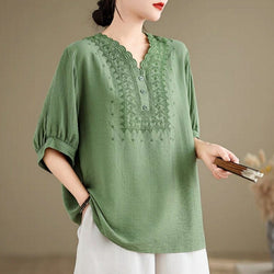 Brooke Loose V-Neck Embroidered Blouse-GREEN