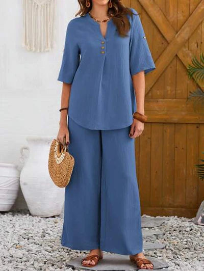 Women's Solid Color Round Neck Top And Pleated Wide Leg Casual Casual Two-Piece Set