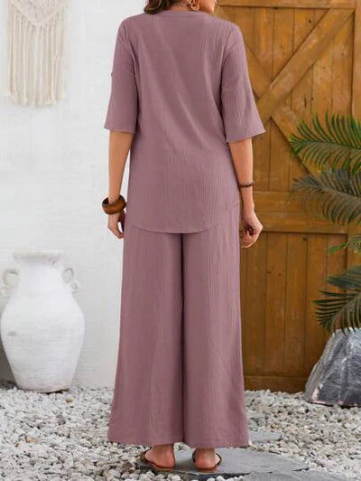 Women's Solid Color Round Neck Top And Pleated Wide Leg Casual Casual Two-Piece Set