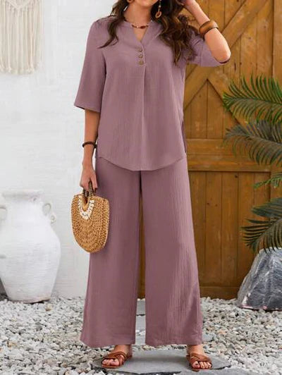 Women's Solid Color Round Neck Top And Pleated Wide Leg Casual Casual Two-Piece Set