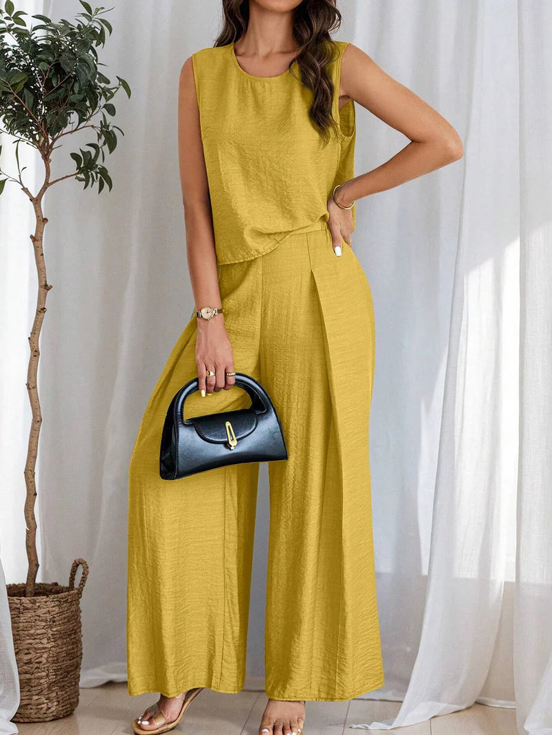 Women's Solid Color Round Neck Top And Pleated Wide Leg Casual Casual Two-Piece Set