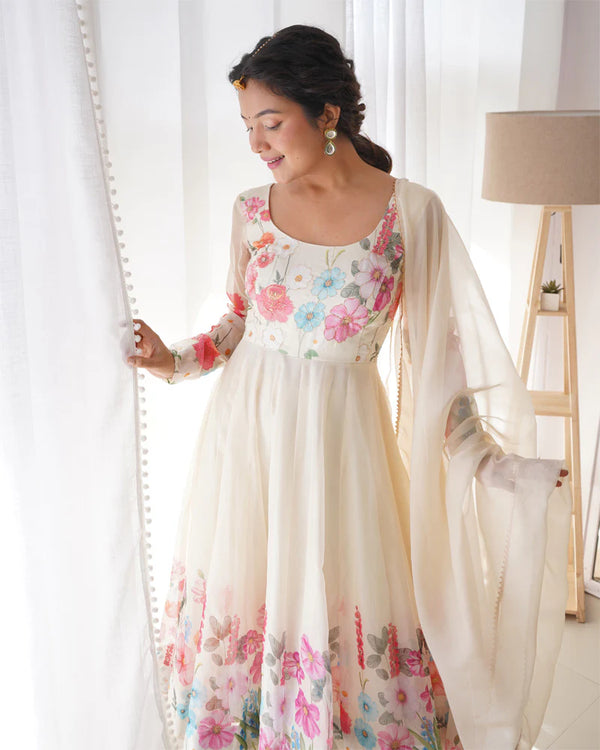 Off White Floral Print Organza Three Piece Anarkali Suit