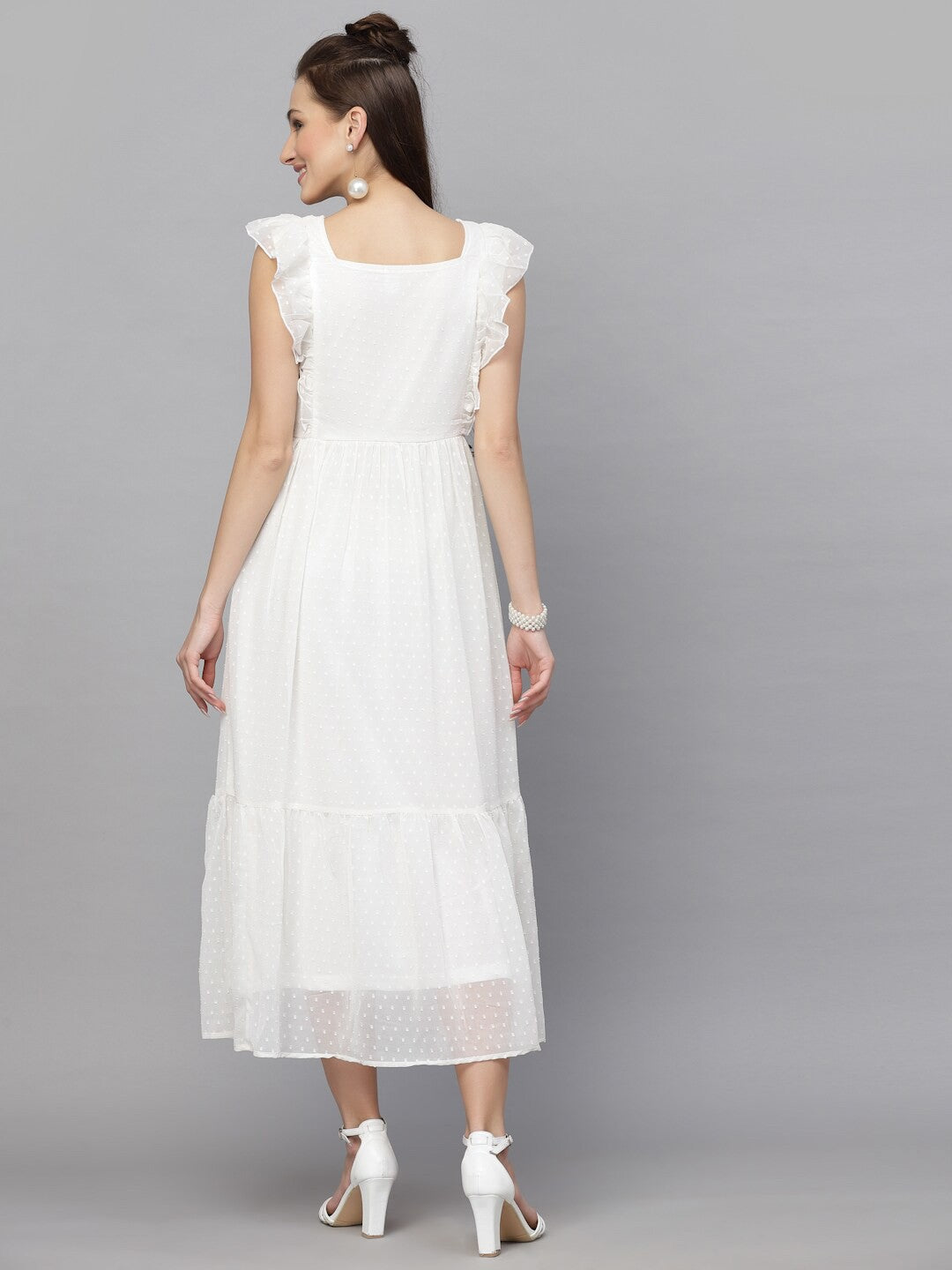 Swiss-Dot Square-Neck Tiered Dress ( SWAN WHITE )