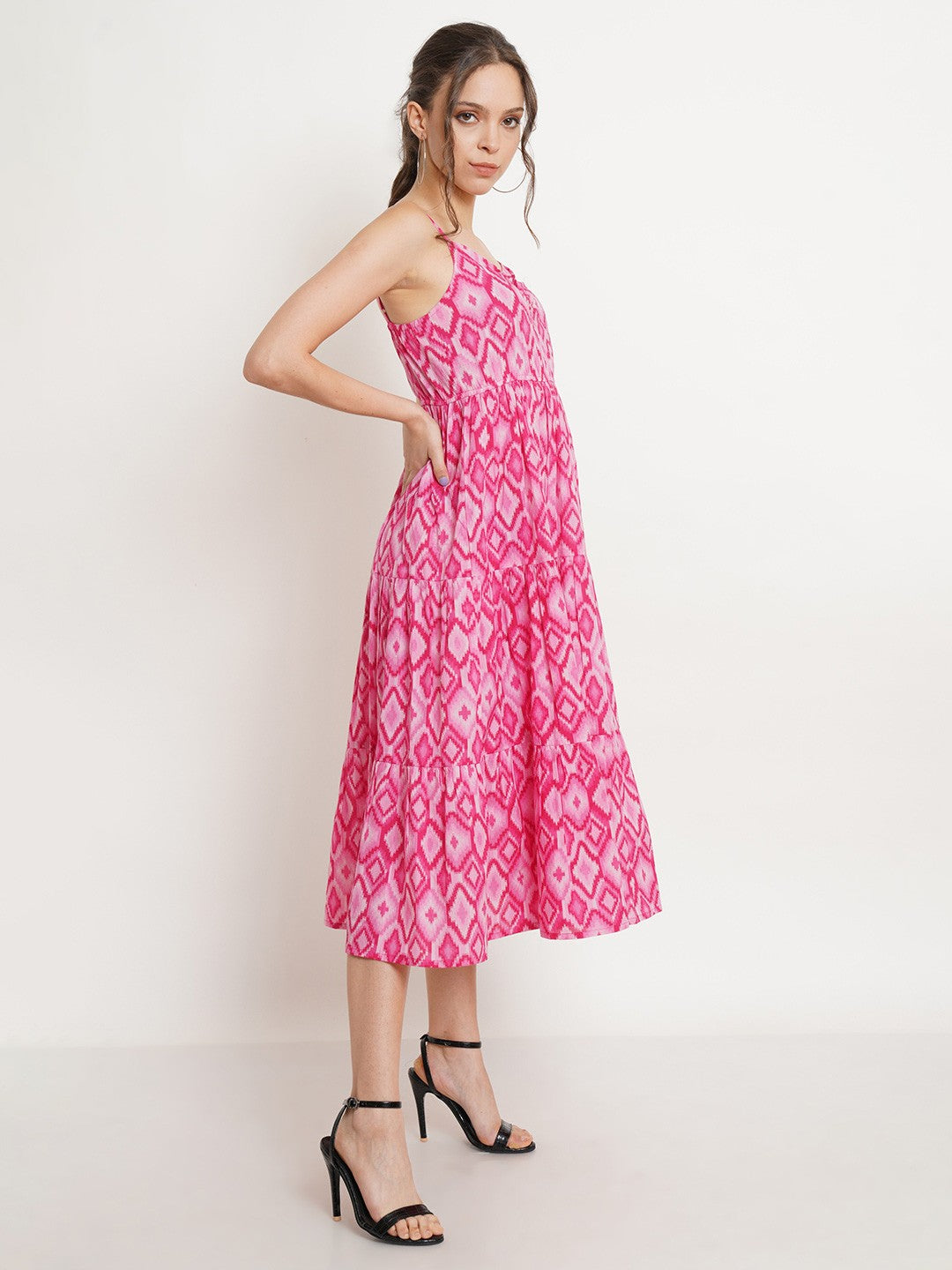 Abstract Printed Flounce Cotton Fit & Flare Midi Dress