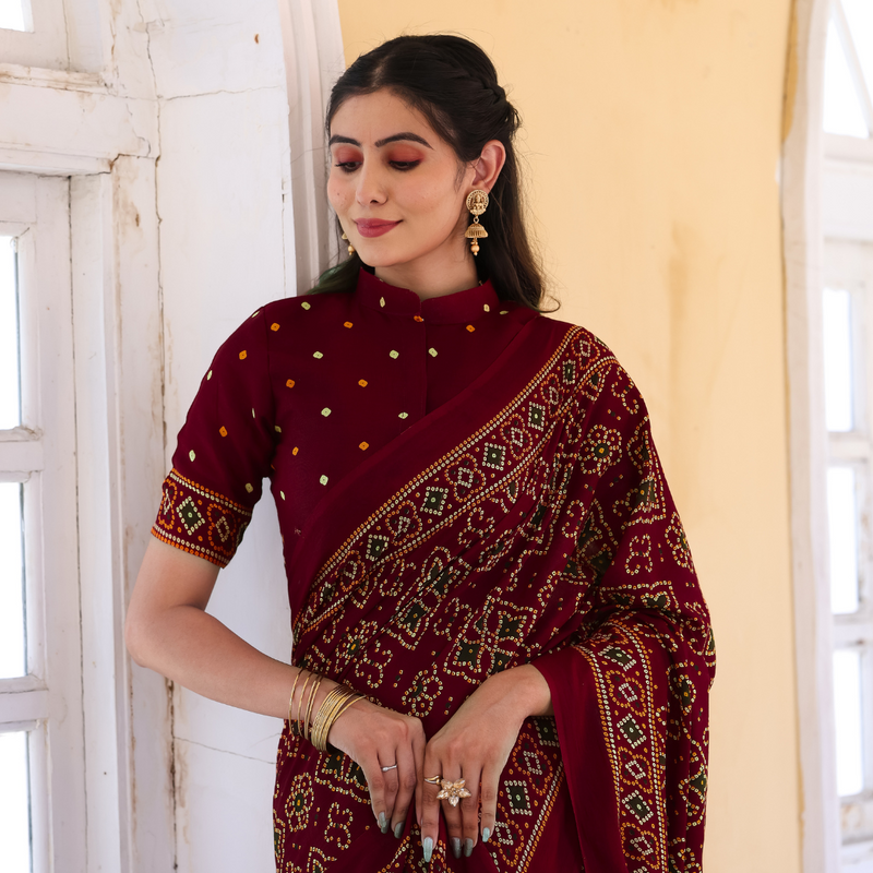 MAROON PRINTED BANDHANI SAREE