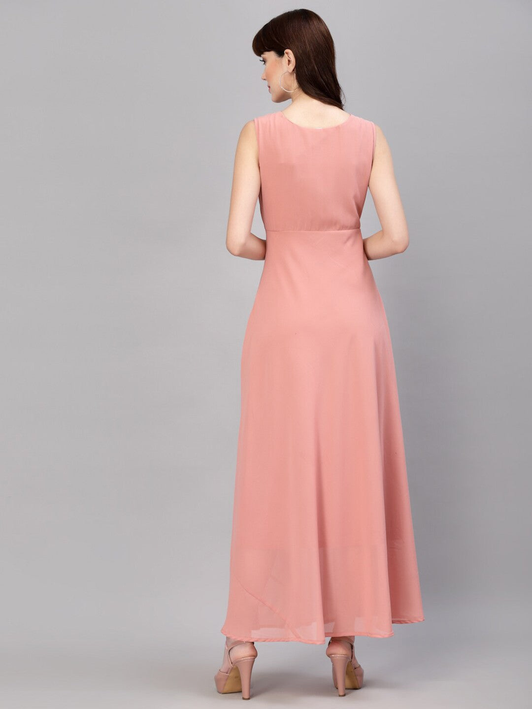 V-Neck Fit & Flare Georgette Dress (PEACH)