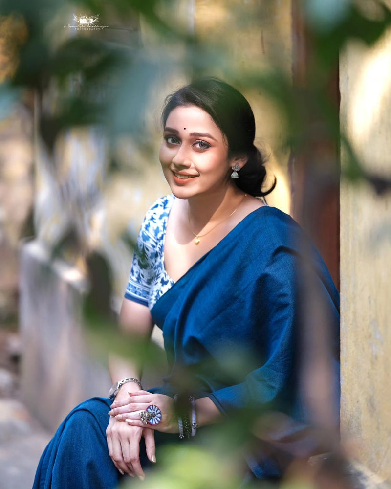 Blue Colour Traditional Looking Chanderi Cotton Saree