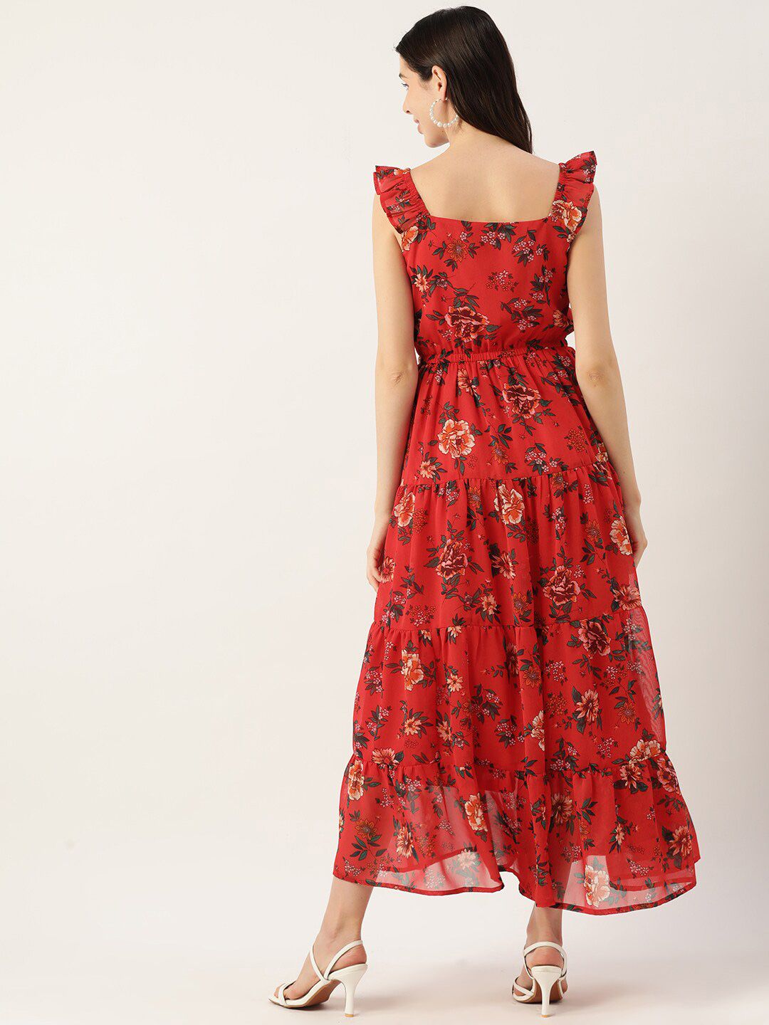 Red Floral Printed Tiered Detailed Square Neck Fit & Flare Dress