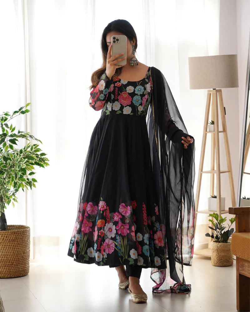 Black Floral Print Organza Three Piece Anarkali Suit