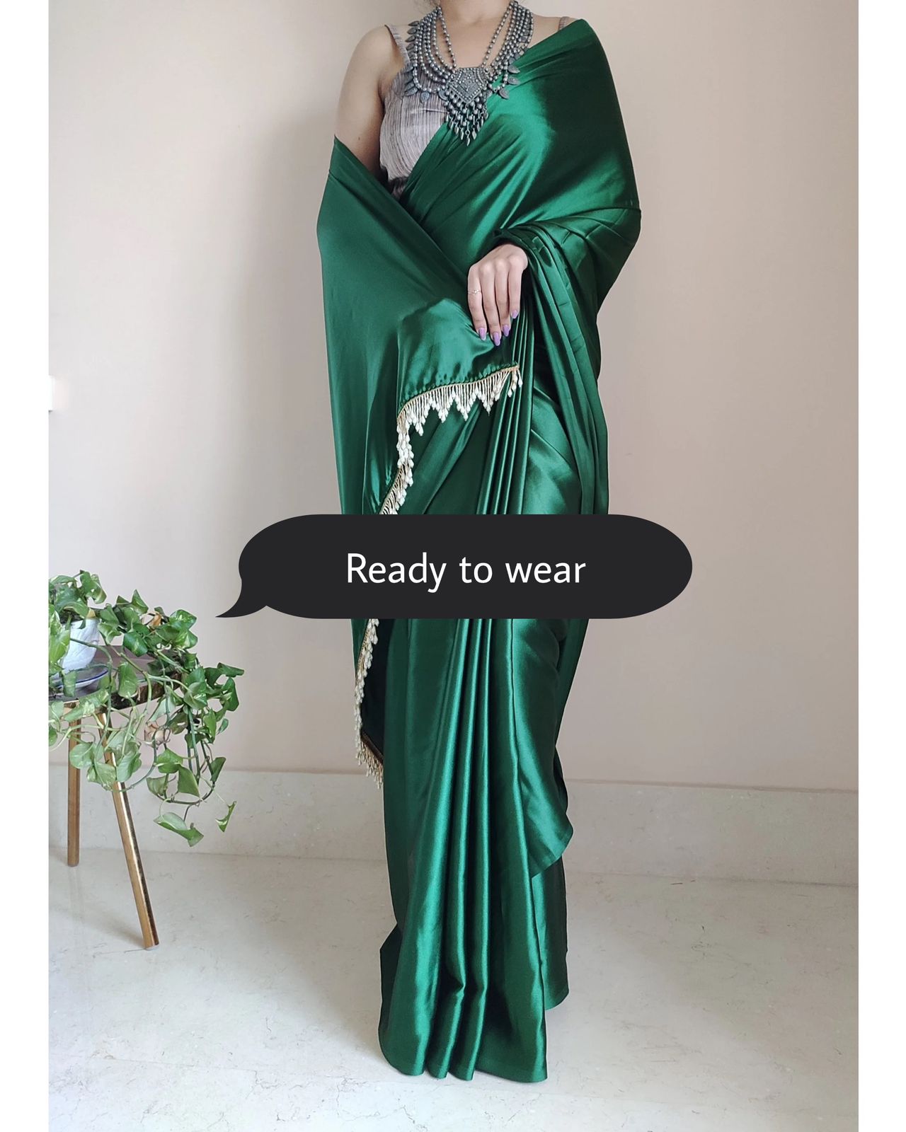 Women's Ready to Wear EMERALD GREEN Satin Silk 1 Minute Pre Pleated Heavy Saree with Designer Hand Work Tassels