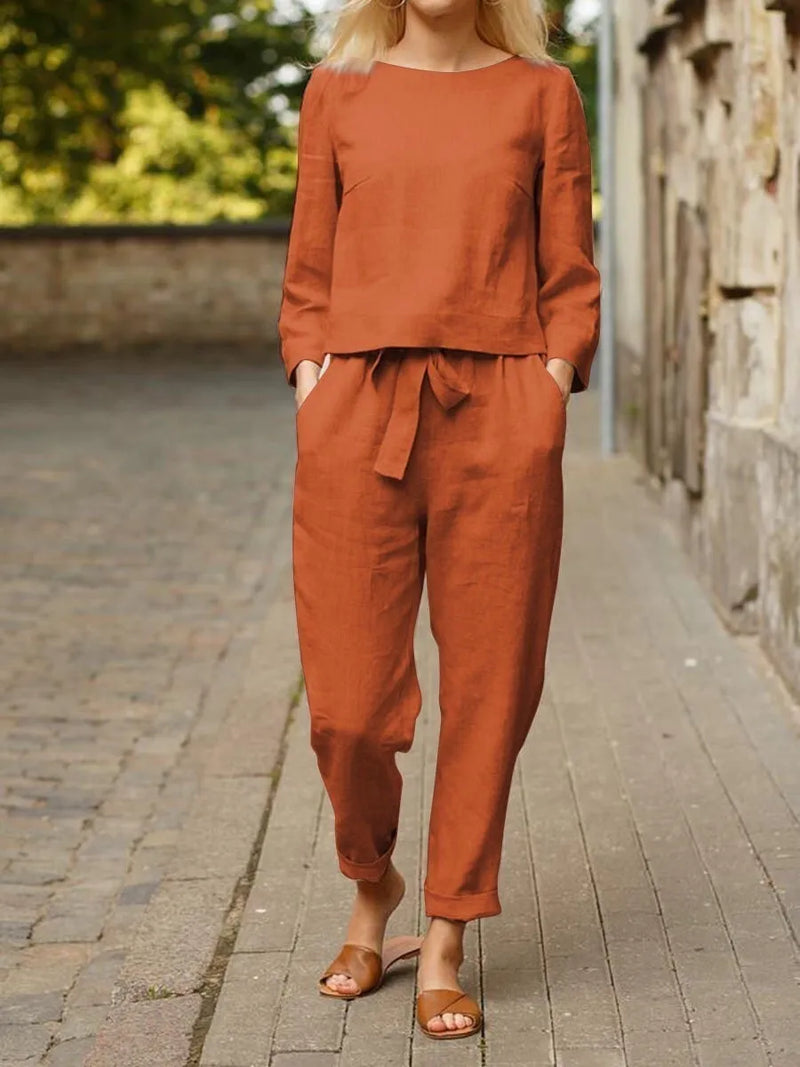 WOMEN'S COTTON PLAIN CROP TOP & TROUSERS NIGHT SUIT SET