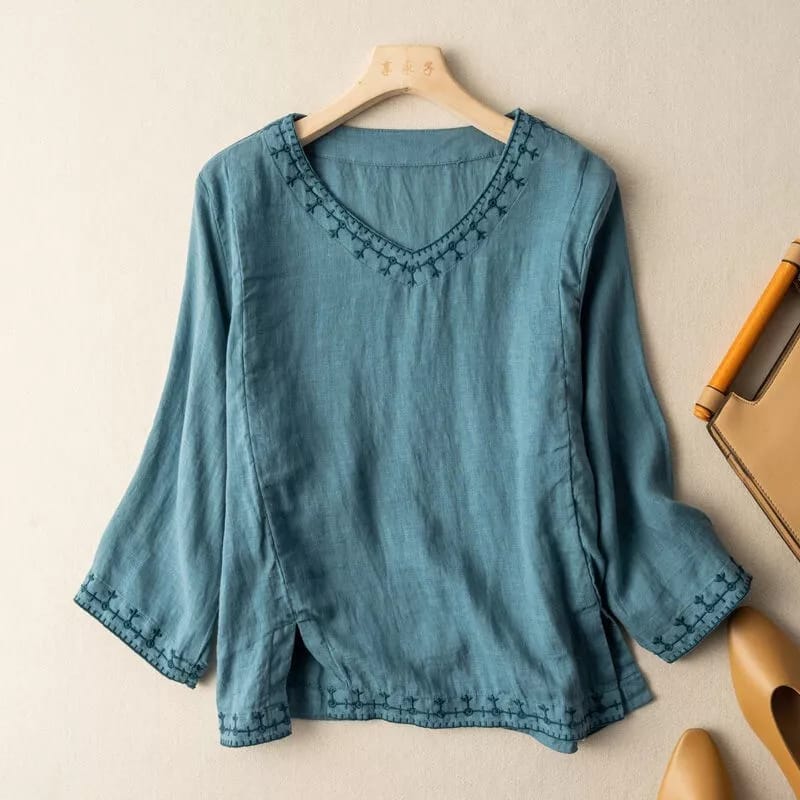 Monsoon Spring Summer Women's 3/4 Sleeve Cotton Top V Neck Loose Shirt blue Retro Literary Style Tops