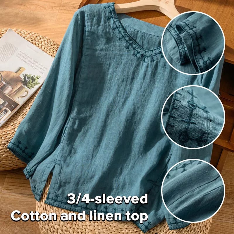 Monsoon Spring Summer Women's 3/4 Sleeve Cotton Top V Neck Loose Shirt blue Retro Literary Style Tops