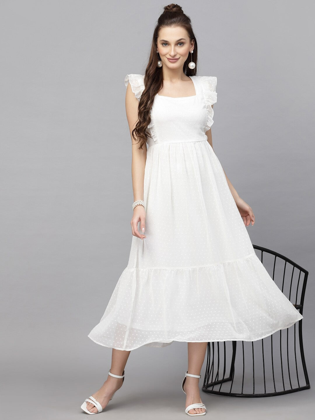 Swiss-Dot Square-Neck Tiered Dress ( SWAN WHITE )