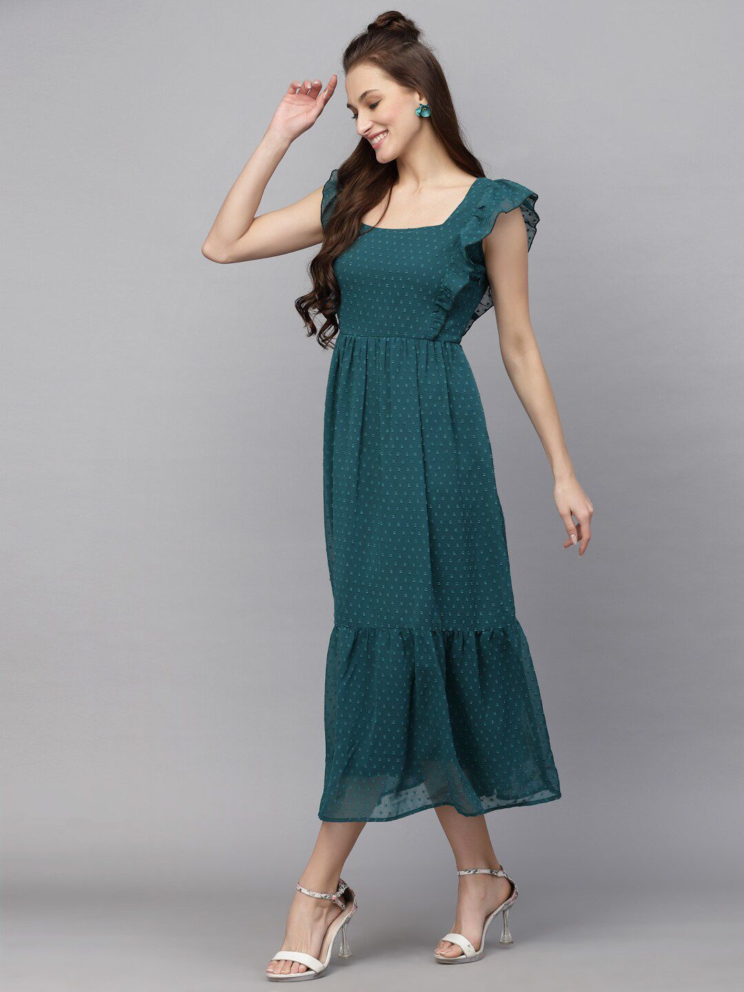 Swiss-Dot Square-Neck Tiered Dress ( BOTTLE GREEN )