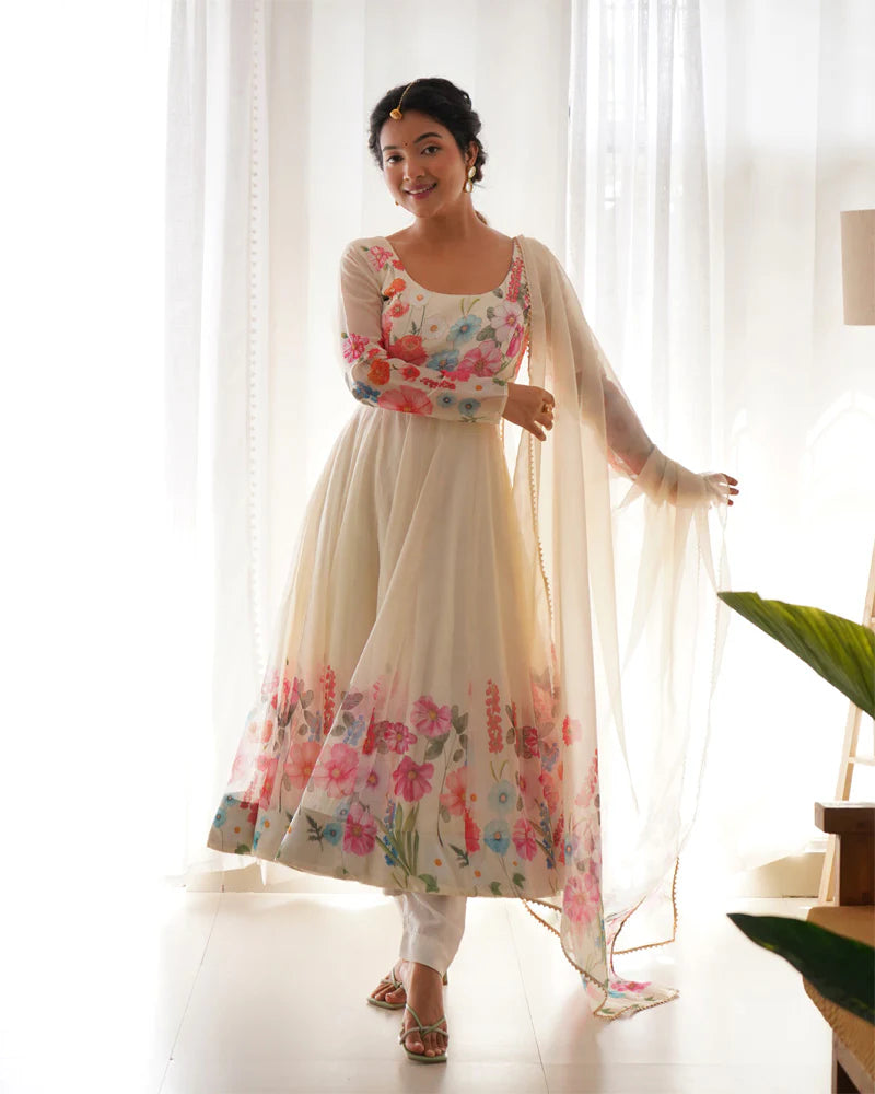 Off White Floral Print Organza Three Piece Anarkali Suit