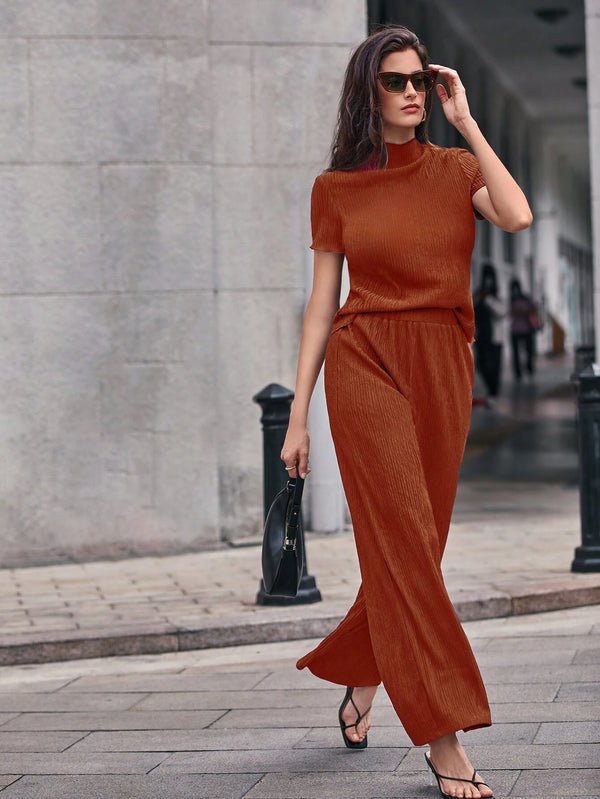 Brown Ribbed Top With Front Slit Pant Co-Ord