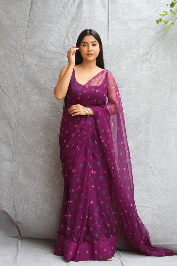 Dark Wine Georgette Bandhani Saree