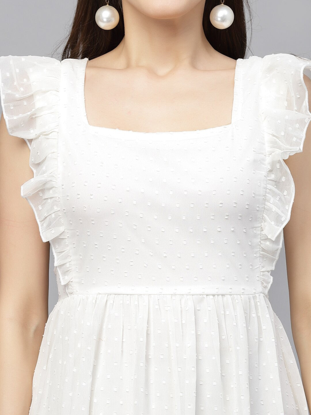 Swiss-Dot Square-Neck Tiered Dress ( SWAN WHITE )