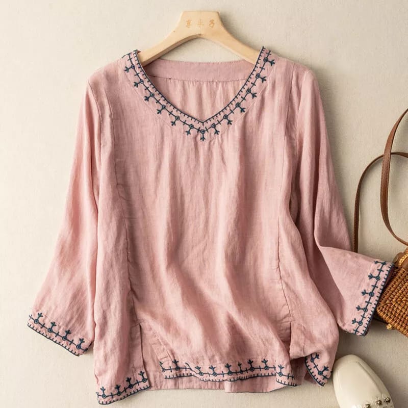 Monsoon Spring Summer Women's 3/4 Sleeve Cotton Top V Neck Loose Shirt Pink Retro Literary Style Tops