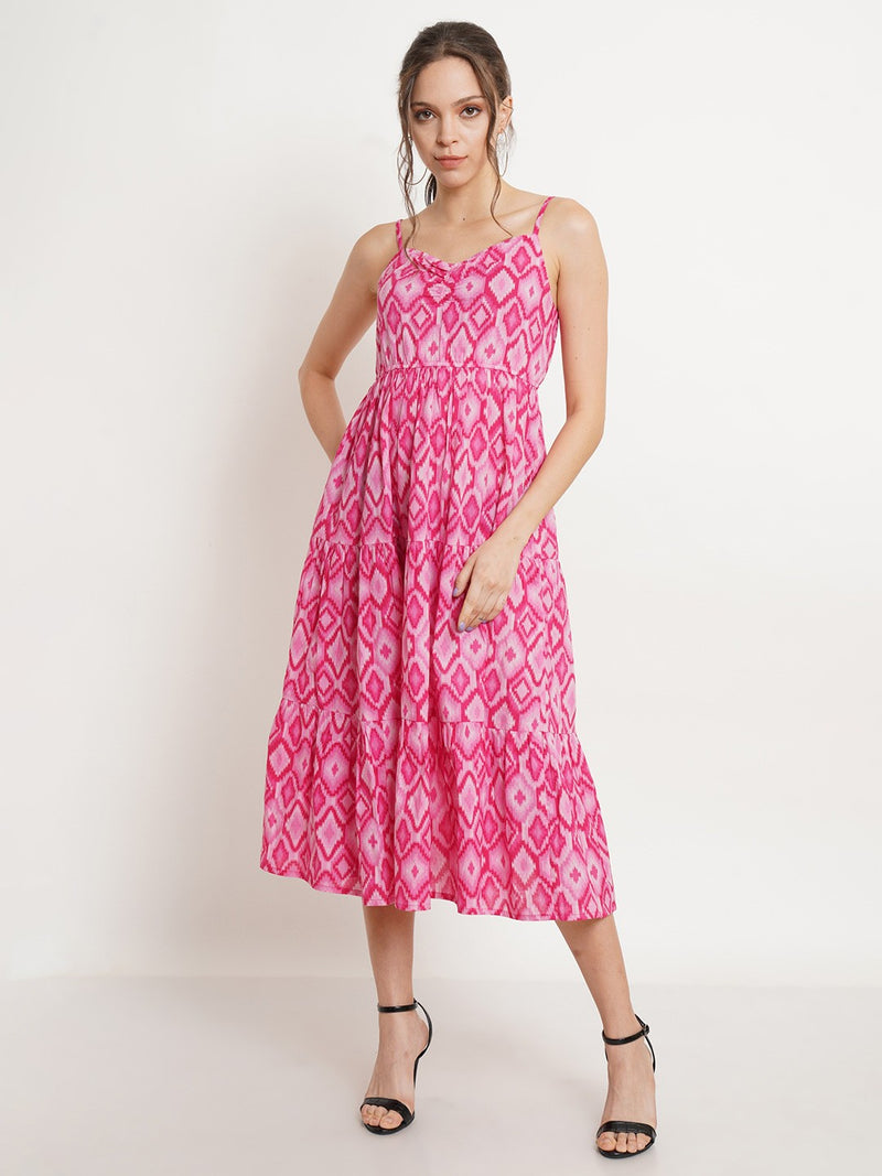 Abstract Printed Flounce Cotton Fit & Flare Midi Dress