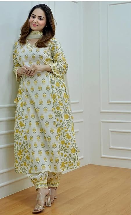 Yellow Cotton Afghani Kurti With Pant & Dupatta Set