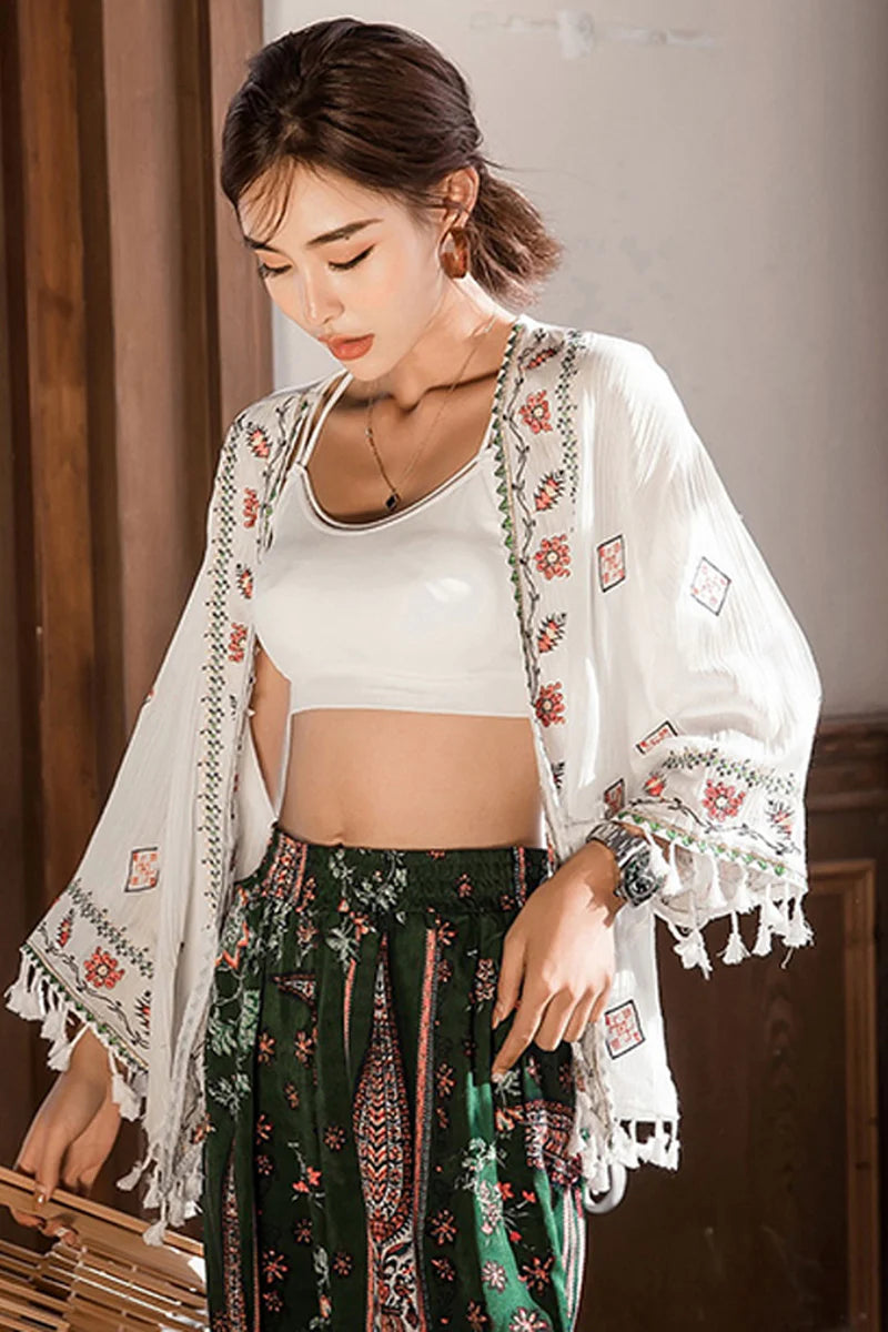 Boho Robe, Embroidery Cotton Robe, White Tassel