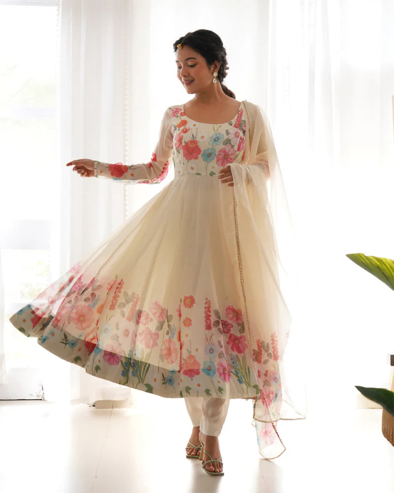 Off White Floral Print Organza Three Piece Anarkali Suit