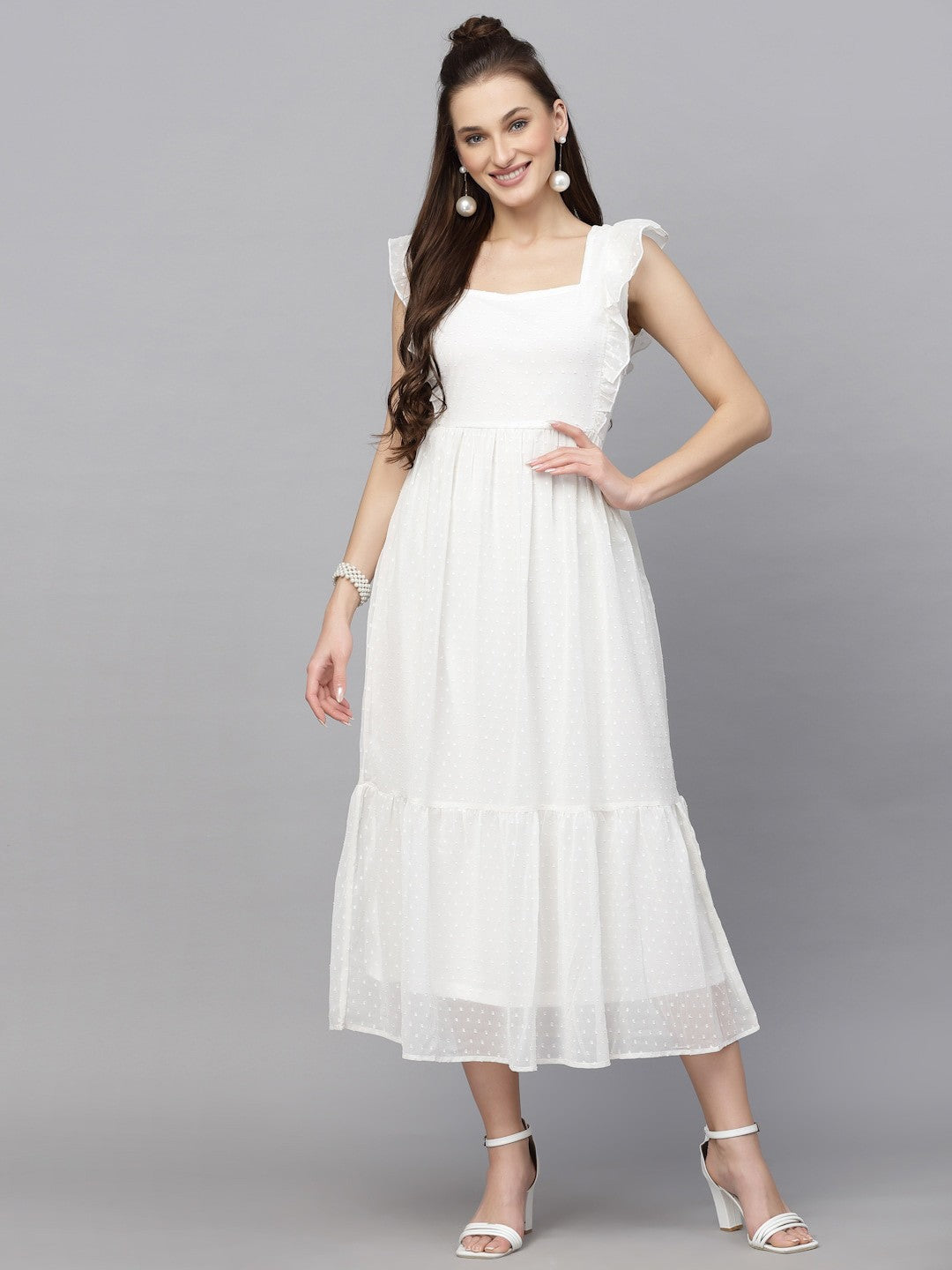 Swiss-Dot Square-Neck Tiered Dress ( SWAN WHITE )