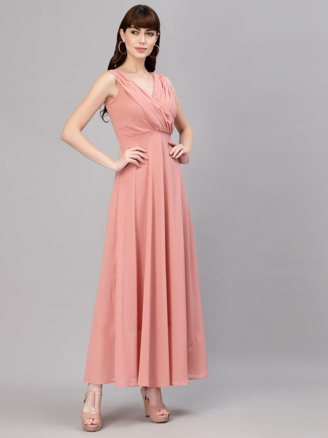 V-Neck Fit & Flare Georgette Dress (PEACH)