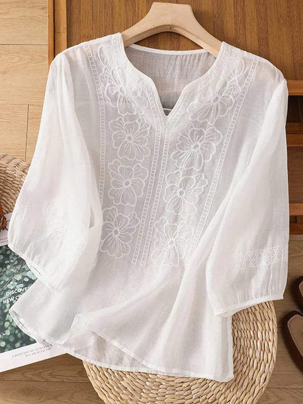 Women's Cotton Linen Short Sleeve WHITE Shirts Summer Loose Crew Neck Casual Tops Vintage Embroidered Solid Blouse Tees