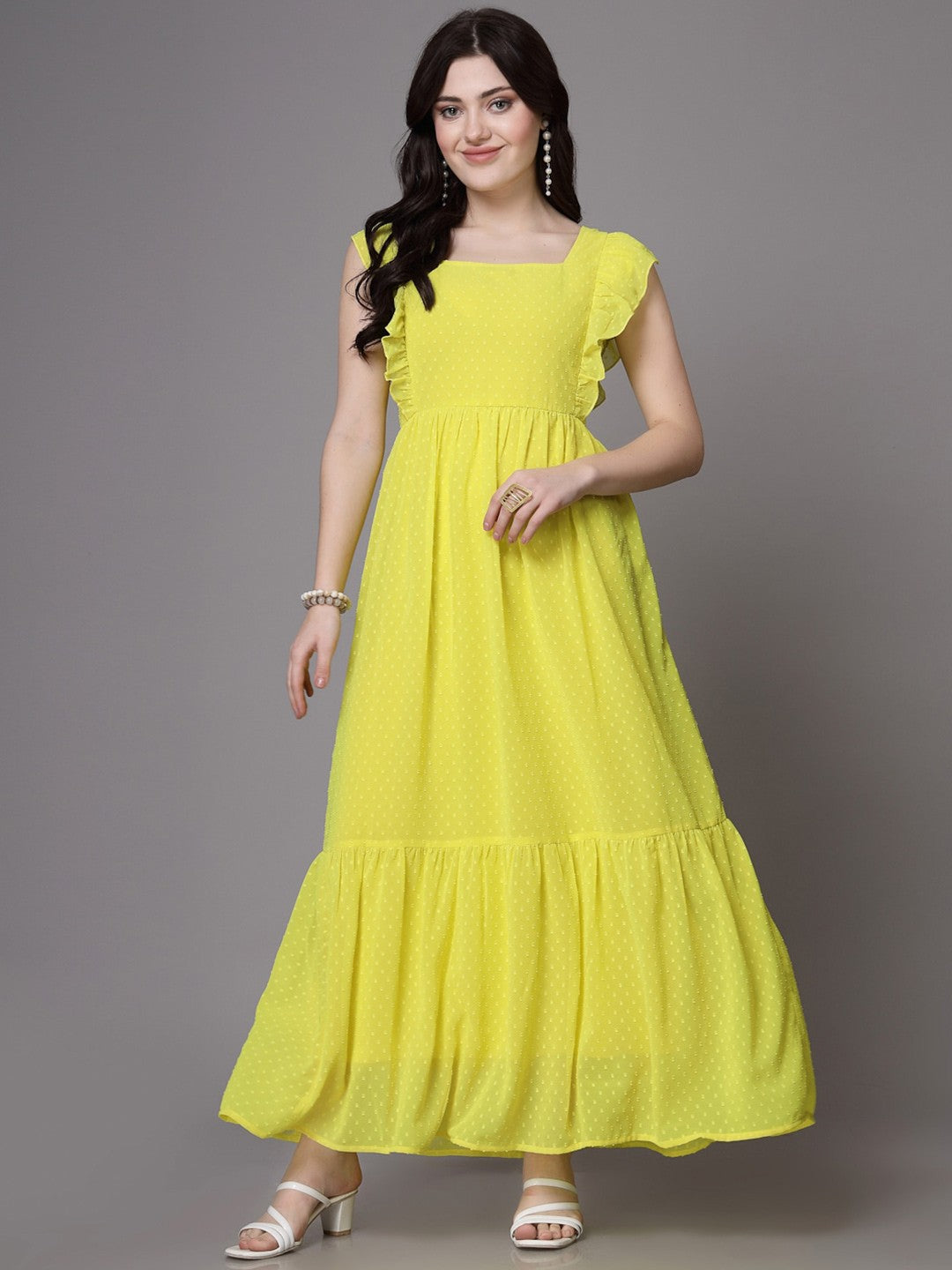 Swiss-Dot Square-Neck Tiered Dress ( LIME YELLOW )