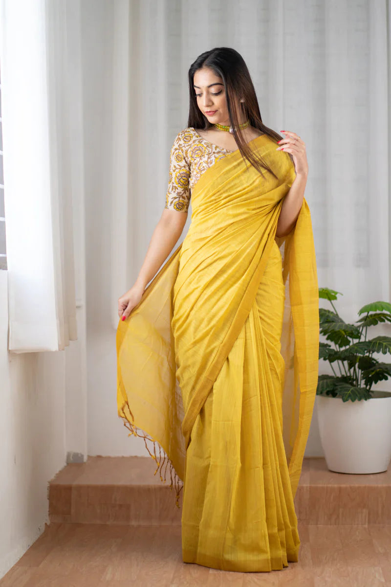 Yellow Traditional Looking Chanderi Cotton Saree