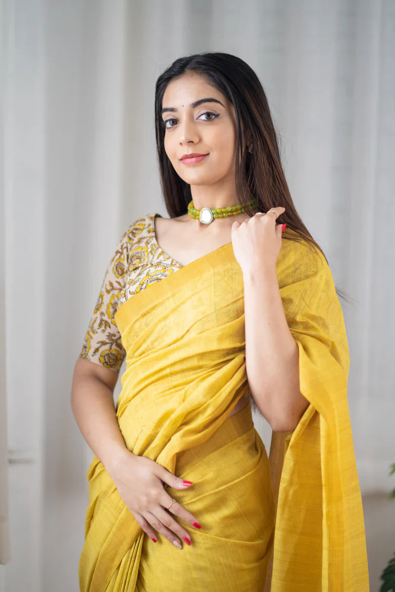 Yellow Traditional Looking Chanderi Cotton Saree