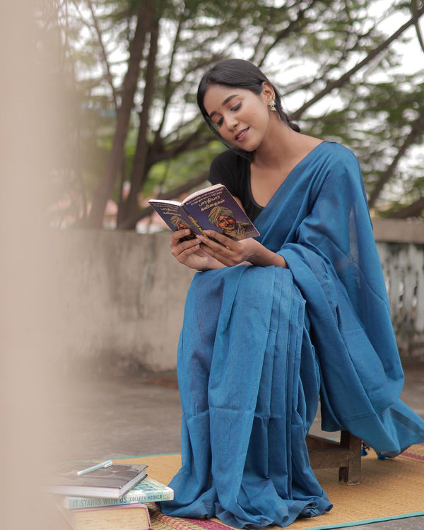 Blue colour traditional looking chanderi cotton saree