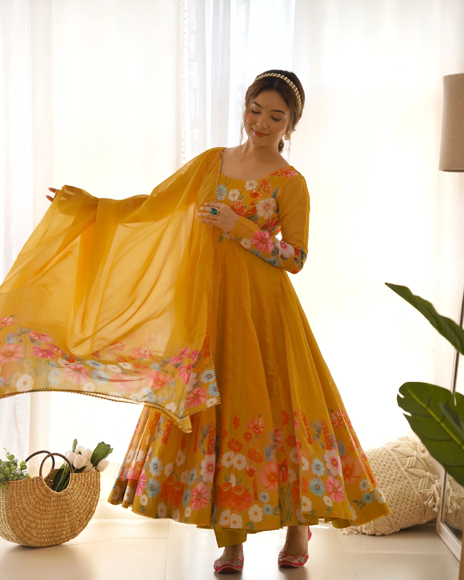 Yellow Color Floral Print Organza Three Piece Anarkali Suit