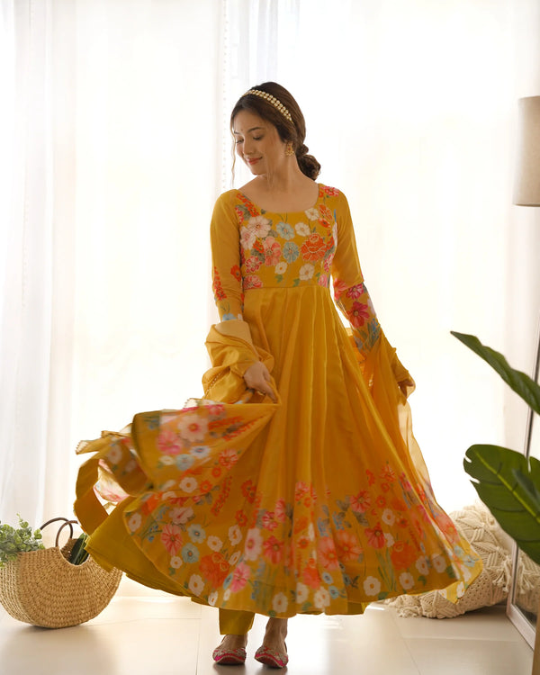 Yellow Color Floral Print Organza Three Piece Anarkali Suit