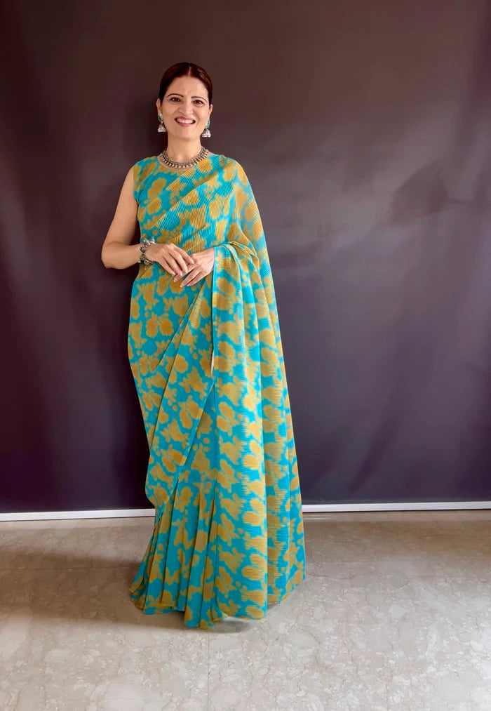 1-Minute Ready To Wear Georgette Gown Saree in rama colour with yellow print