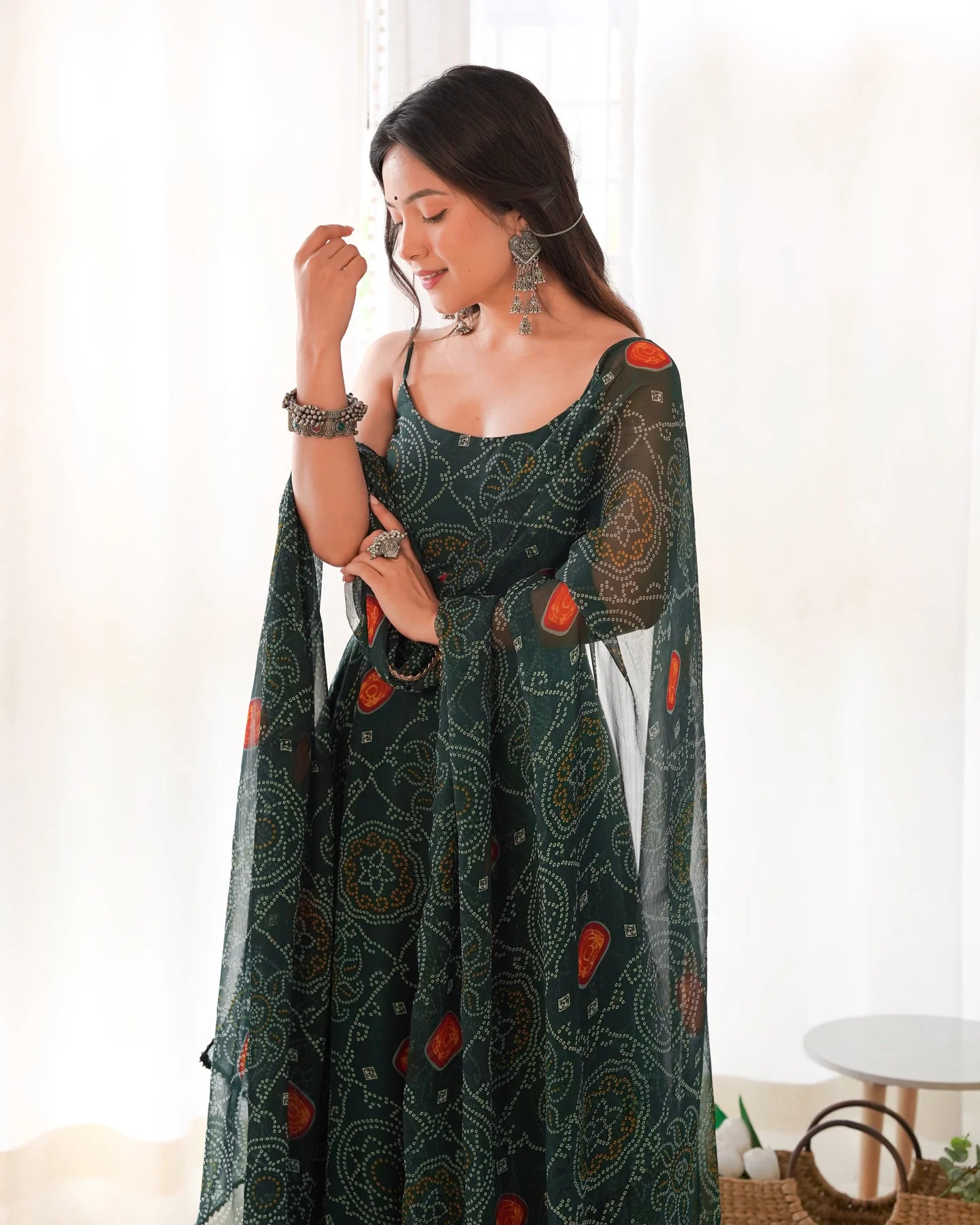 Floral Dark Green Color Bandhani Print Soft Chiffon Anarkali Gown